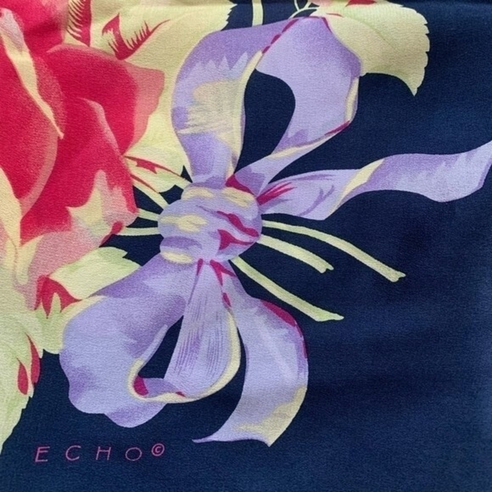 Echo Navy Blue Floral Silk Scarf 34x34 Square Multicolor 100% Silk Shawl VG - Picture 5 of 5